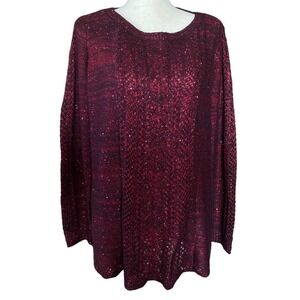 Burgundy woven metallic strands boat neck‎ long sleeves loose sweater women XL